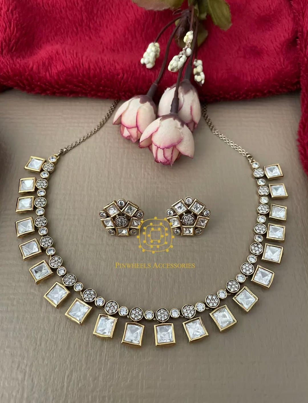 BEAUTIFUL SQUARE POLKI SIMPLE NECKLACE BY PINWHEELS ACCESSORIES 