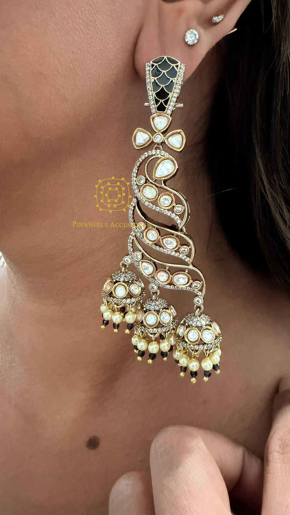 Thumbnail: POLKI VICTORIAN ENAMELLED LONG JHUMKA EARRINGS 