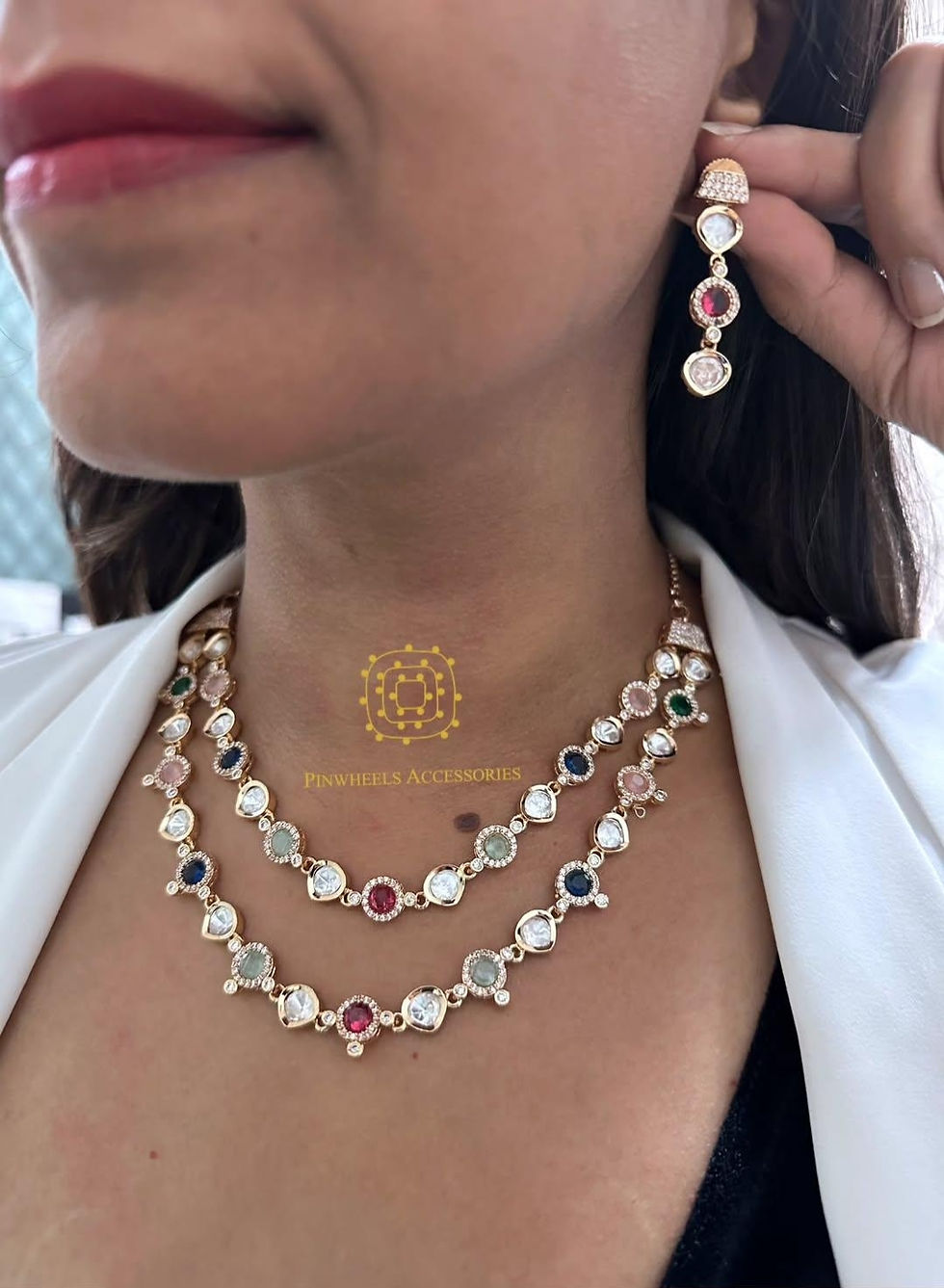 Thumbnail: MULTICOLOUR DOUBLE LINE POLKI NECKLACE 