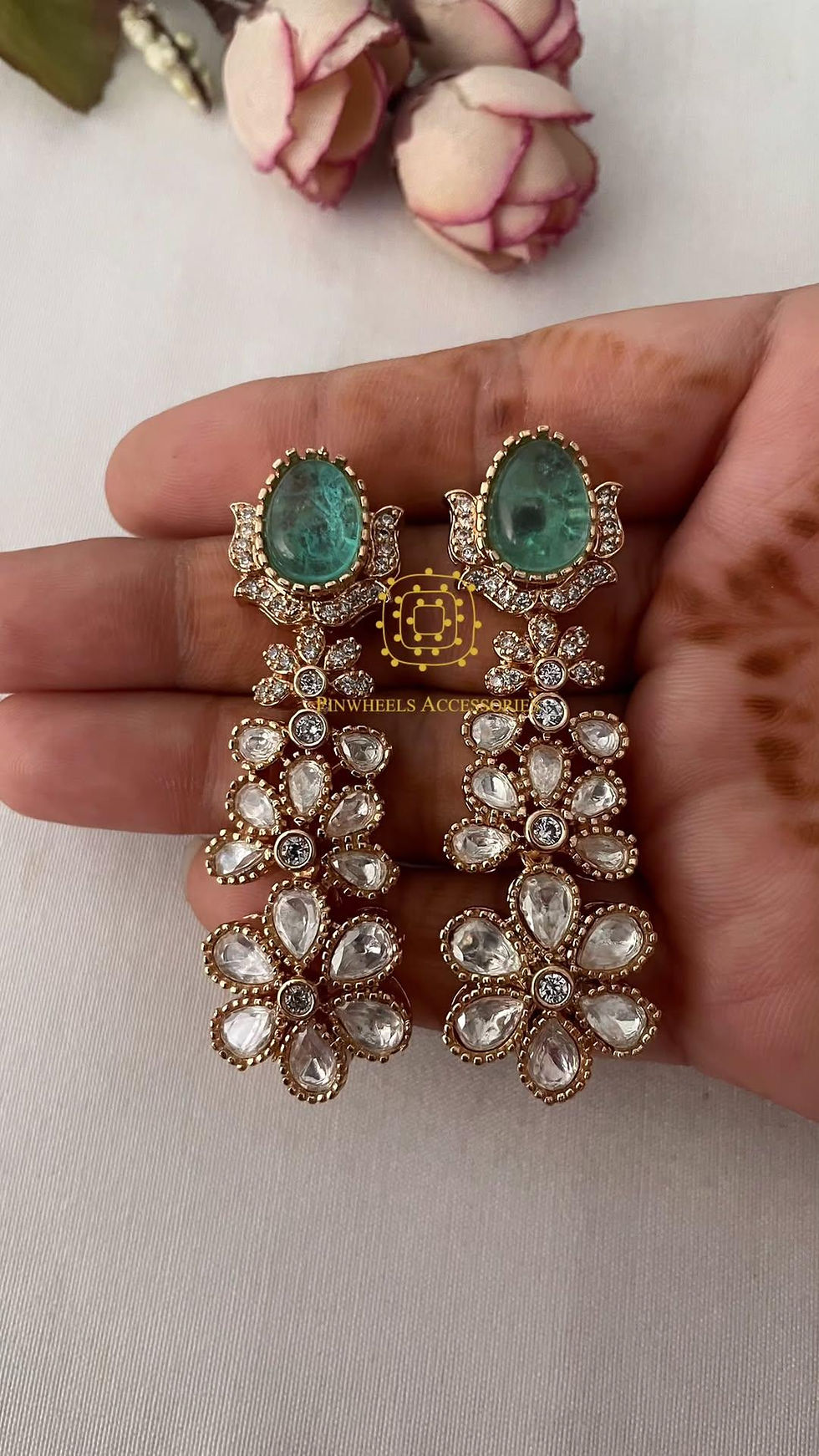 Thumbnail: FLOWERY COLOURED STONE EARRINGS 