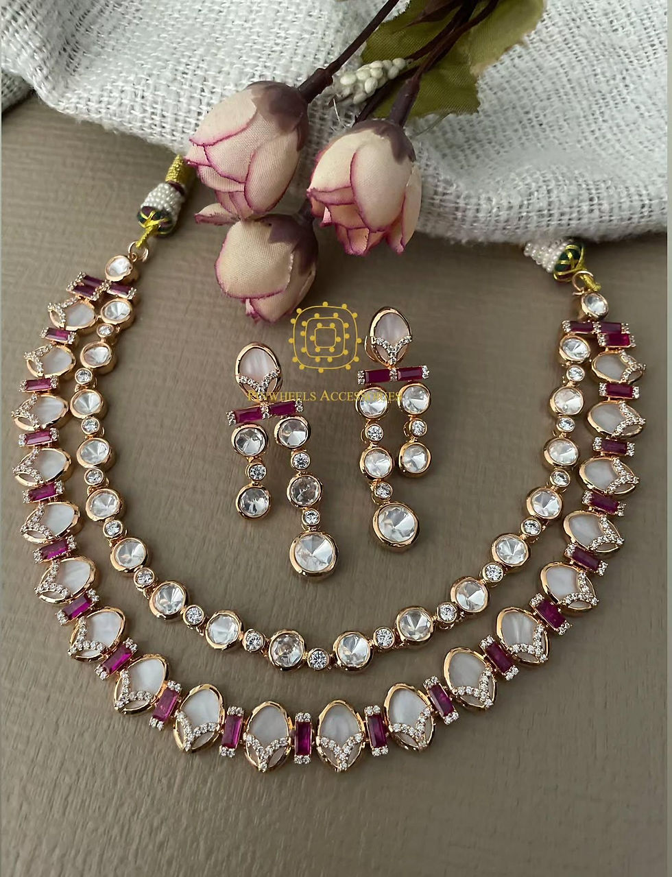 Thumbnail: DOUBLE LAYER POLKI MOTHER OF PEARL NECKLACE BY PINWHEELS ACCESSORIES