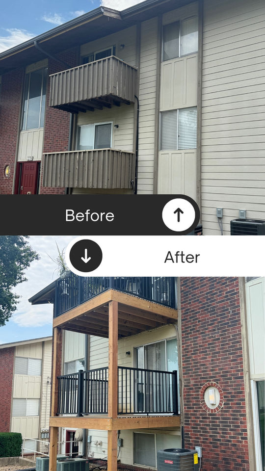 Side-by-side before and after photo of a multi-family deck renovation completed by NGC with new materials, structural upgrades, and modern finishes.