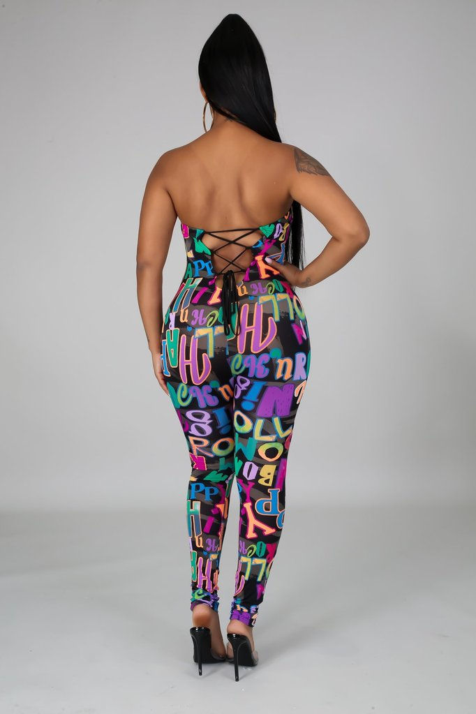 Thumbnail: Sexy Message Printed Lace Up Tube Jumpsuit