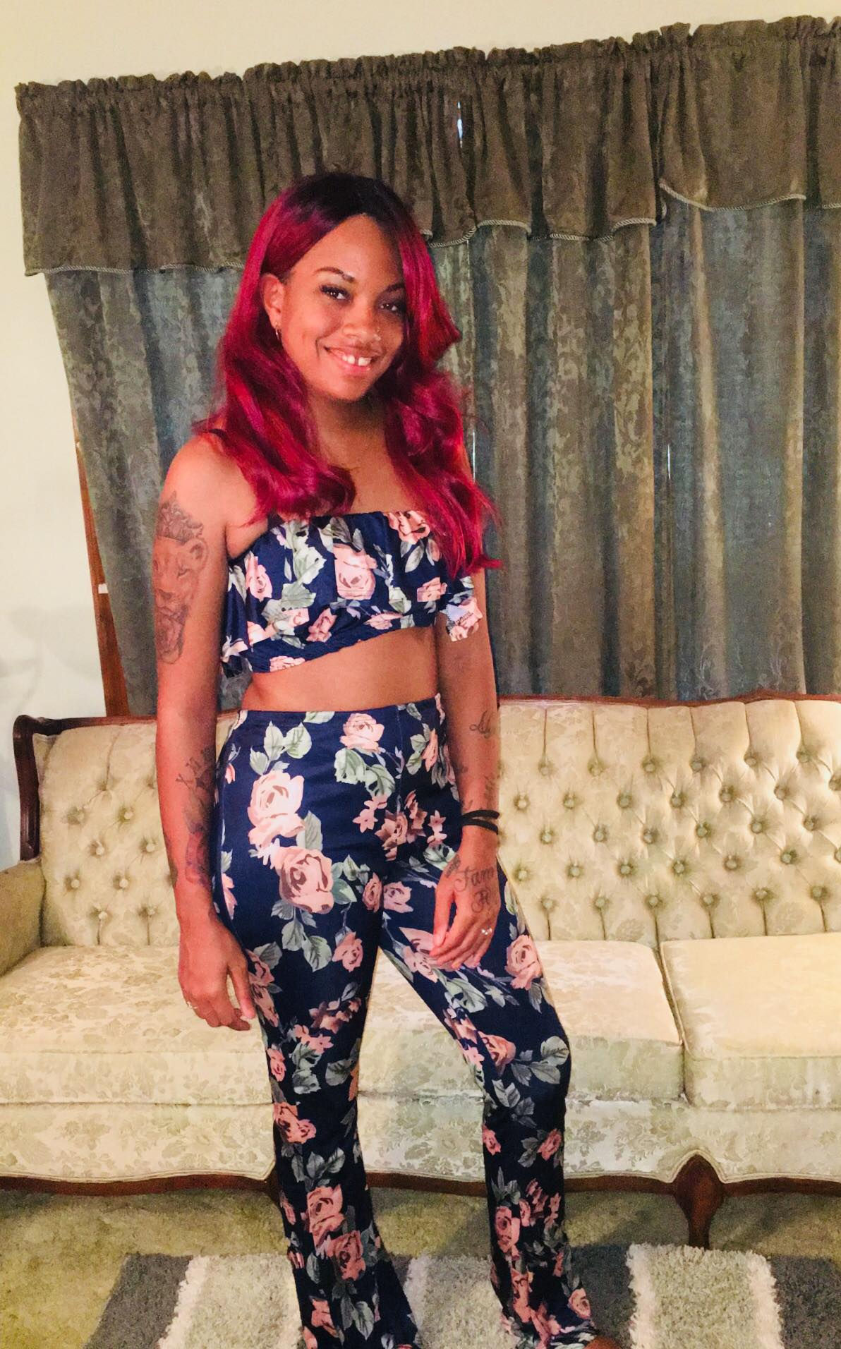 Sexy Navy Dew Shoulder Floral Print Two Piece Pants Set