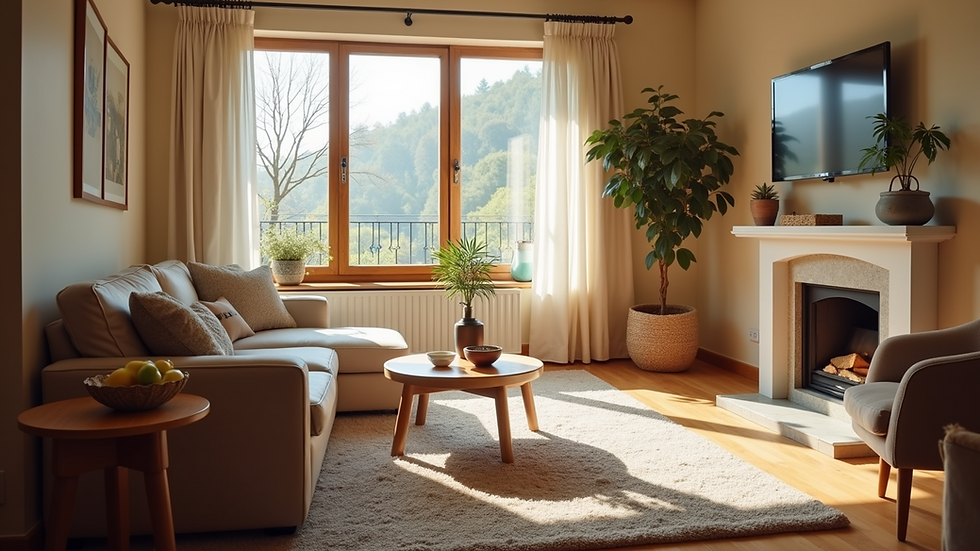 Eye-level view of a cozy holiday rental living room with natural light