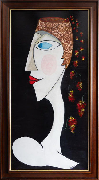 contemporary art. modern art. devon art. devon artist. picasso style. unusual art. picasso style woman with flowers. Modigliani woman with flowers. Large modern art. Female modern head with flowers and dark background. Red lips. big bold modern art. Statement art devon. large original figurative art. Large framed wall art. large framed modern wall art. 