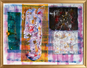 mixed media abstract expressionism purple blue green black white impasto symbols motifs squares  gold frame. Devon.