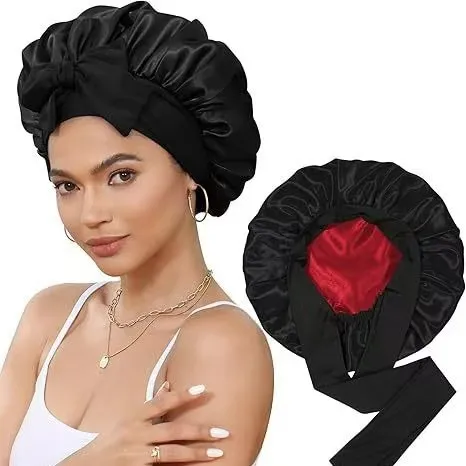 Double-Layer Satin Sleep Cap with Ribbon - 1