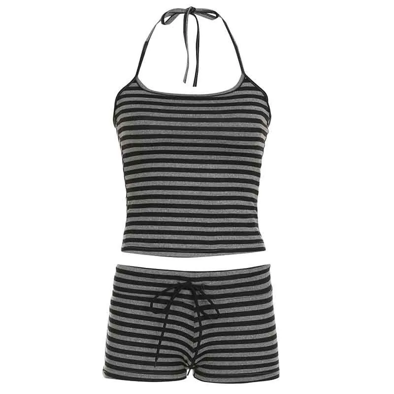 Retro Striped Halter Neck Two-Piece - 1