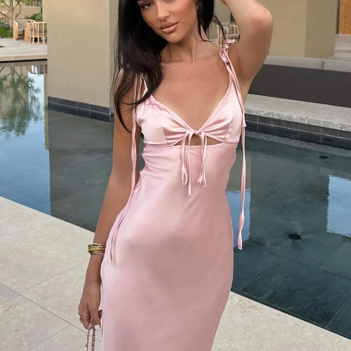 Sleeveless V-Neck Satin Long Dress - 1