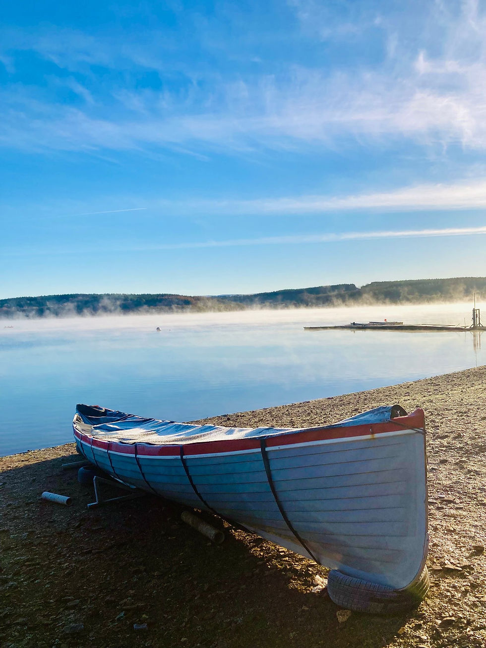 Rascal gig boat at Roadford Lake Harbour Rowing Club Boscastle
