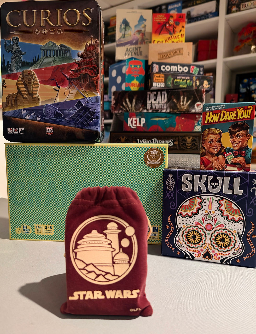 Picture of social deduction and bluffing games in kacoplays collection. This includes: curious, agent avenue, cockroach poker, durian, combo, dead of winter, kelp, how dare you, the chameleon, love letter star wars, skull among others