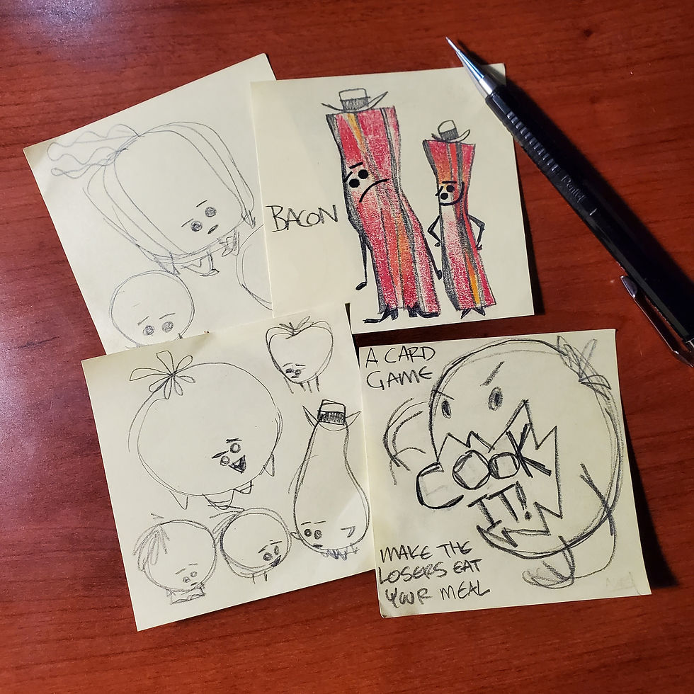 Bringing the board game Cook It! to life. Here are illustrations of how items in the game started from sketches