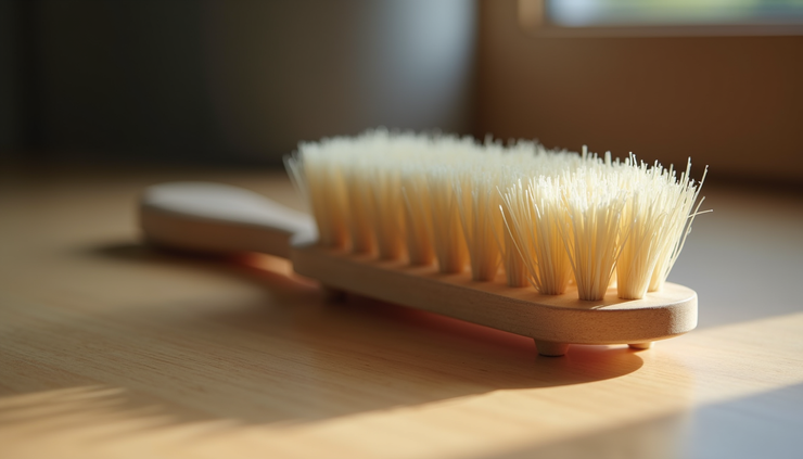 Close-up view of a dog grooming brush with soft bristles