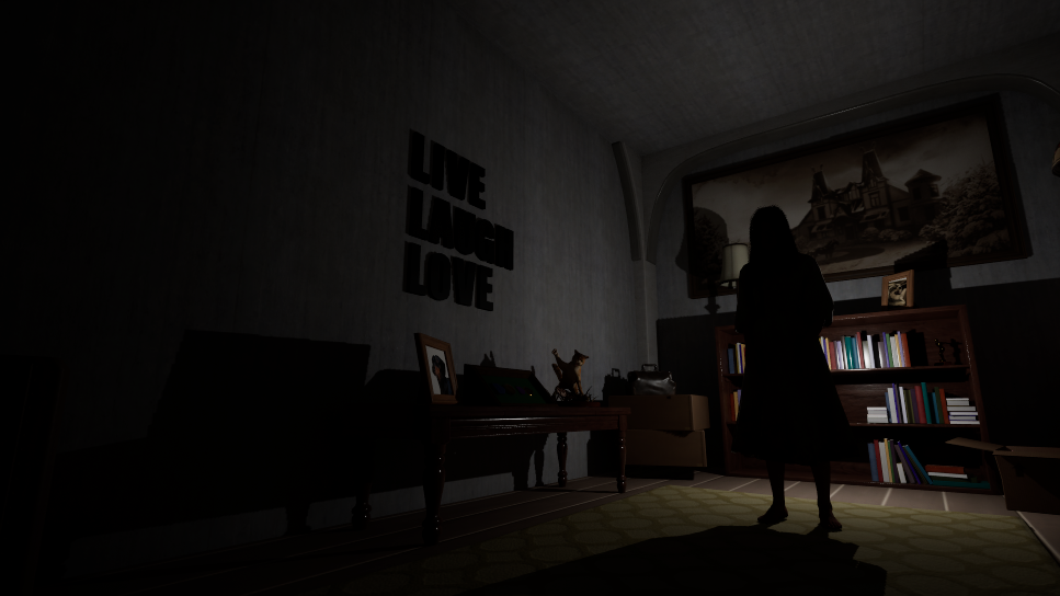 The ghost girl in a hallway, shrouded in darkness