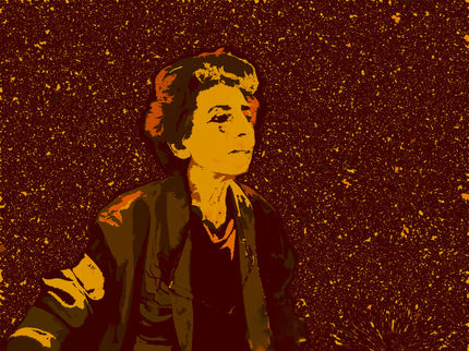 A mixed-media portrait of an elderly woman named Hennie, rendered in warm brown and gold tones against a speckled, starlike background.
