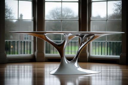 Snowrise sculptural metal table by Marc-Richard, handmade white base with organic tree-inspired form.