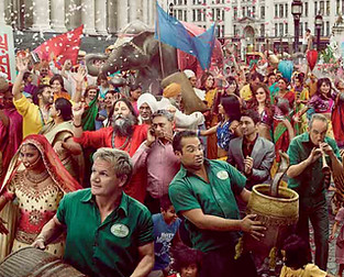 We produced this shot for Channel 4 and had one week to put the whole thing together, which involved a cast of 120 people plus all of the accompanying crew, costumes and props needed for such a big job. We commissioned Canadian Photographer Mark Zibert to work with us. In all we had over 200 people on set. Not to mention the cobra, tiger and elephant! Couldn't have pulled it off without our brilliant AD, Paul McCann, though the pigeon wrangling was all us!