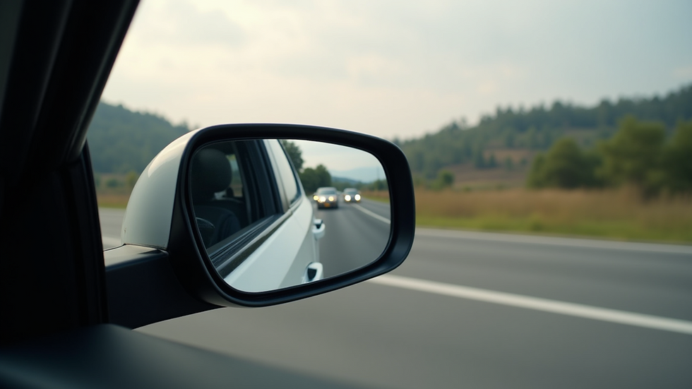 Close-up view of a car’s side mirror showing traffic behind