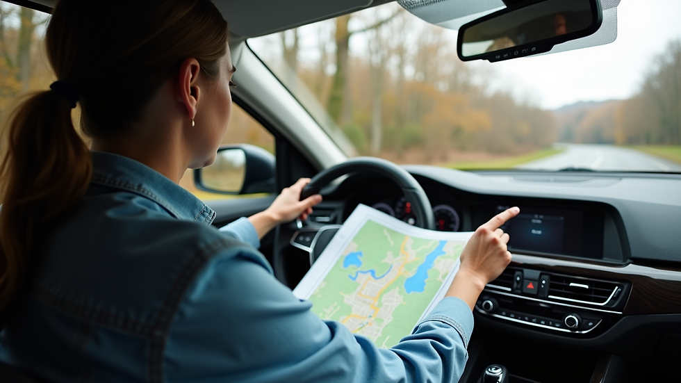 High angle view of a driving instructor pointing at a map inside a car