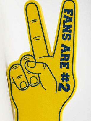 A foam sports fan hand with two fingers raised in a peace sign instead of one, bright yellow foam material, the text 'Fans Are #2' printed in bold block letters on the front of the fingers, stadium event photography style, white background, product shot