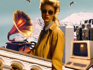 Vintage collage with a woman in sunglasses, gramophone, retro computer, and cityscape. Birds flying, architectural elements in the background.