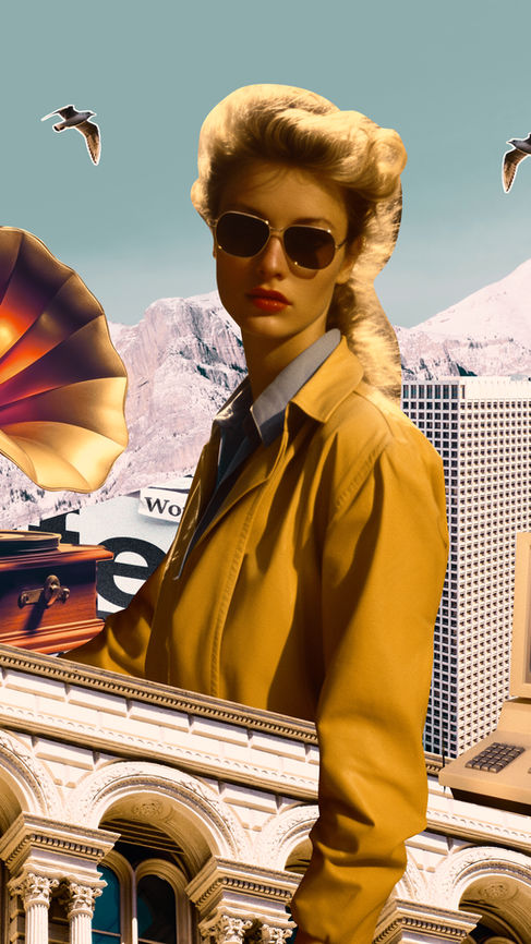 Vintage collage with a woman in sunglasses, gramophone, retro computer, and cityscape. Birds flying, architectural elements in the background.