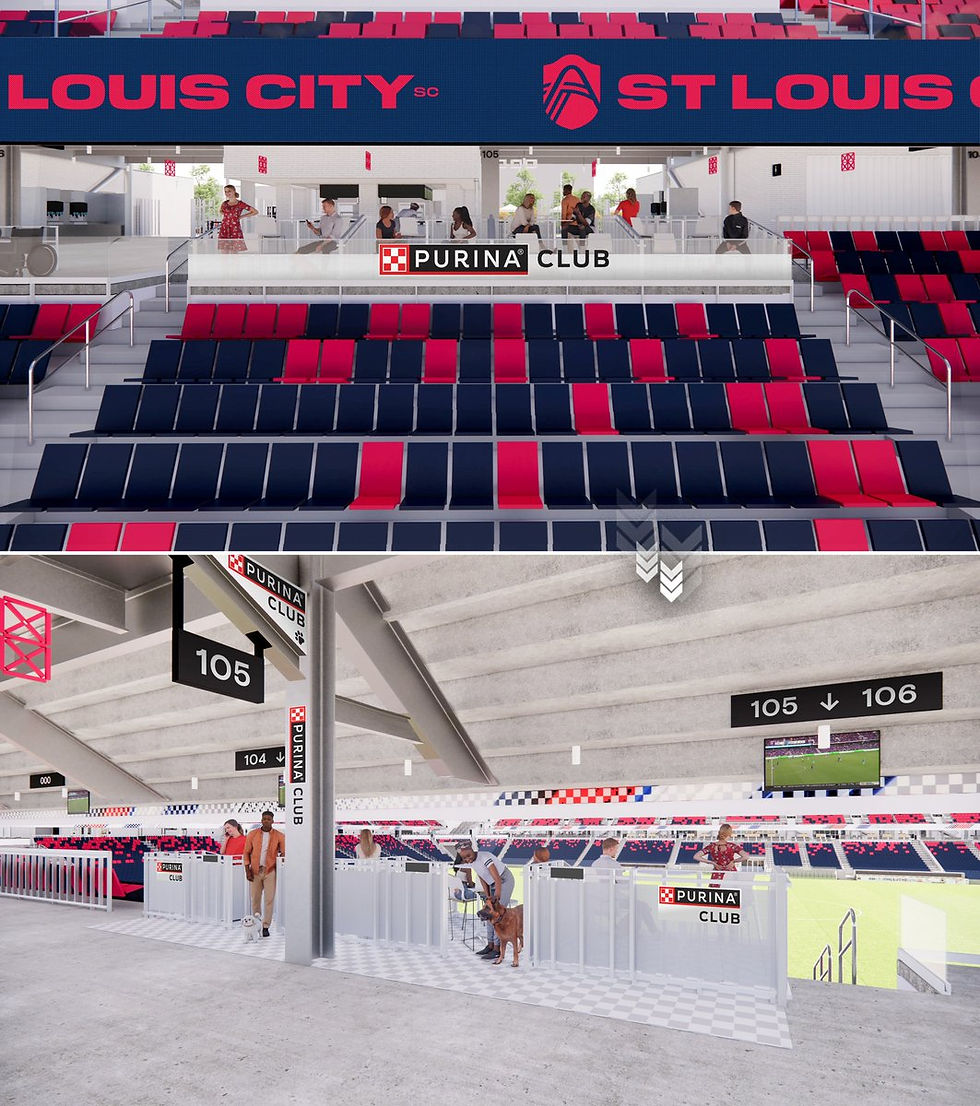 Stadium interior with red and blue seats, "ST LOUIS CITY SC" signage. "PURINA CLUB" area visible with people and dog entering.