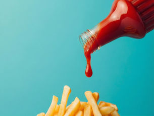 Fries on a turquoise background with ketchup dripping from a bottle above, creating a vibrant, appetizing scene.