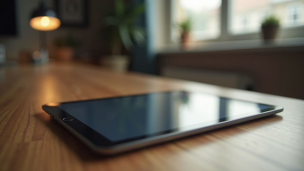Close-up view of a tablet displayed on a wooden desk