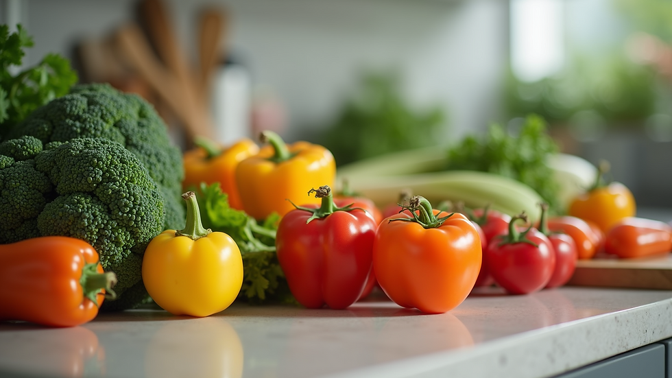 Eye-level view of fresh colorful vegetables on a kitchen countertop