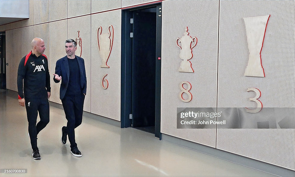 Slot with Sporting Director, Richard Hughes (right) at AXA Training Ground. (Photo via John Powell: Getty Images)