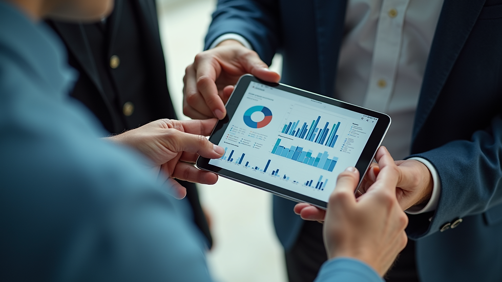 High angle view of a business team discussing data charts on a tablet