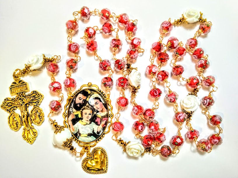 Holy Family Christmas Rosary Red Lampwork Hand Painted Cameo Miraculous Crucifix