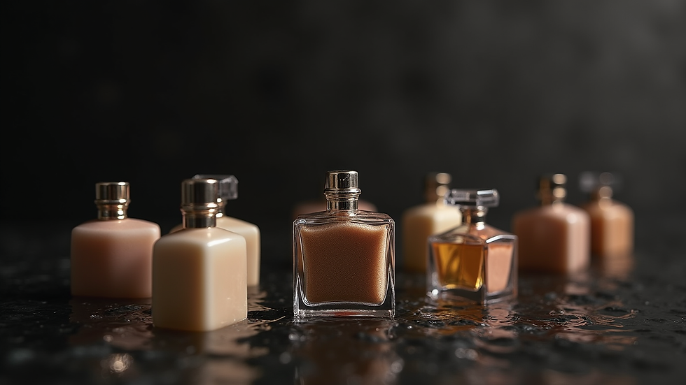 Vue en plongée d’un assortiment de flacons de parfum sur un fond sombre