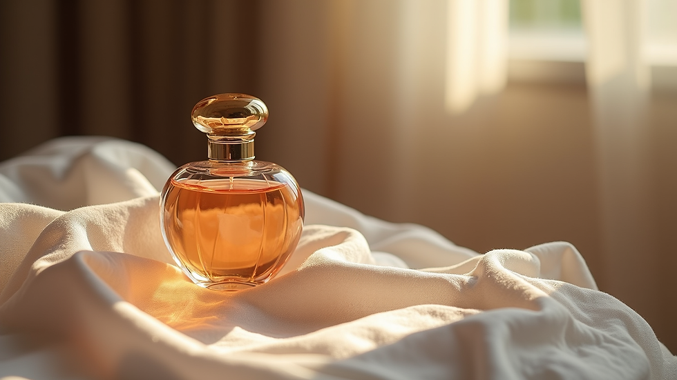 Vue rapprochée d’un flacon de parfum posé sur un tissu élégant