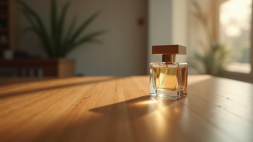 Vue en plongée d’un flacon de parfum posé sur une surface en bois naturel