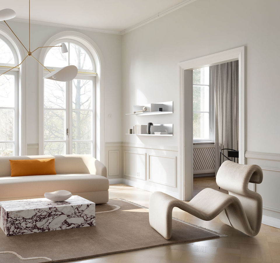 Auden Studio 3D visualisation, product visualisation, interior inspiration, frama metal shelf, new works sofa, orange pillow, marble bowl, fermliving carpet, vintage chair, minimalistic, modern