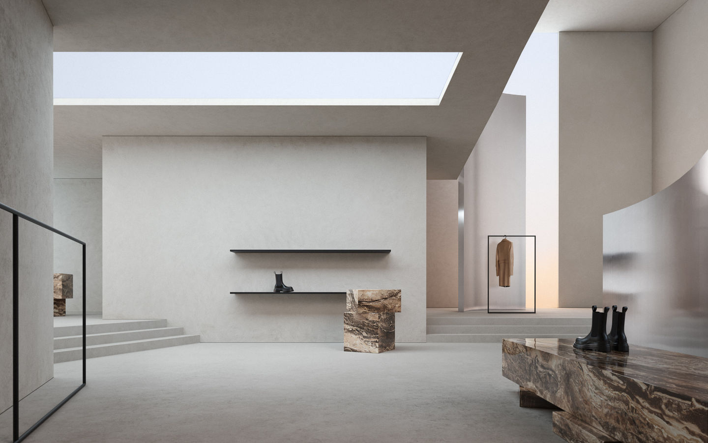 Auden Studio 3D visualisation, product visualisation, interior inspiration, commercial space, metal wall, brown marble table, minimalistic space, ceiling light