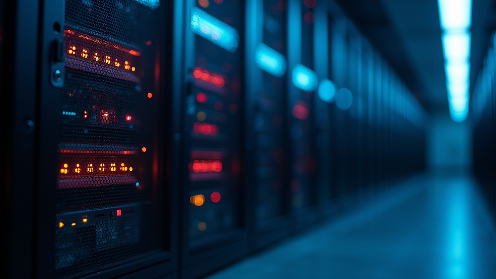 Close-up view of a computer server rack with blinking lights