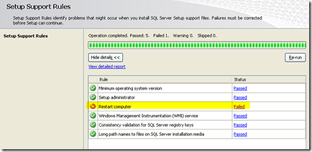 The "Restart computer" setup support rule failing