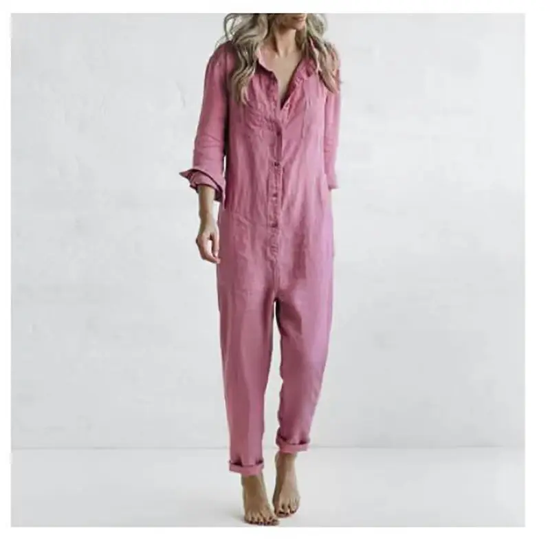 Miniatura: Cotton Linen Vintage Jumpsuits Women Single Breasted Button Design Turn-down Col