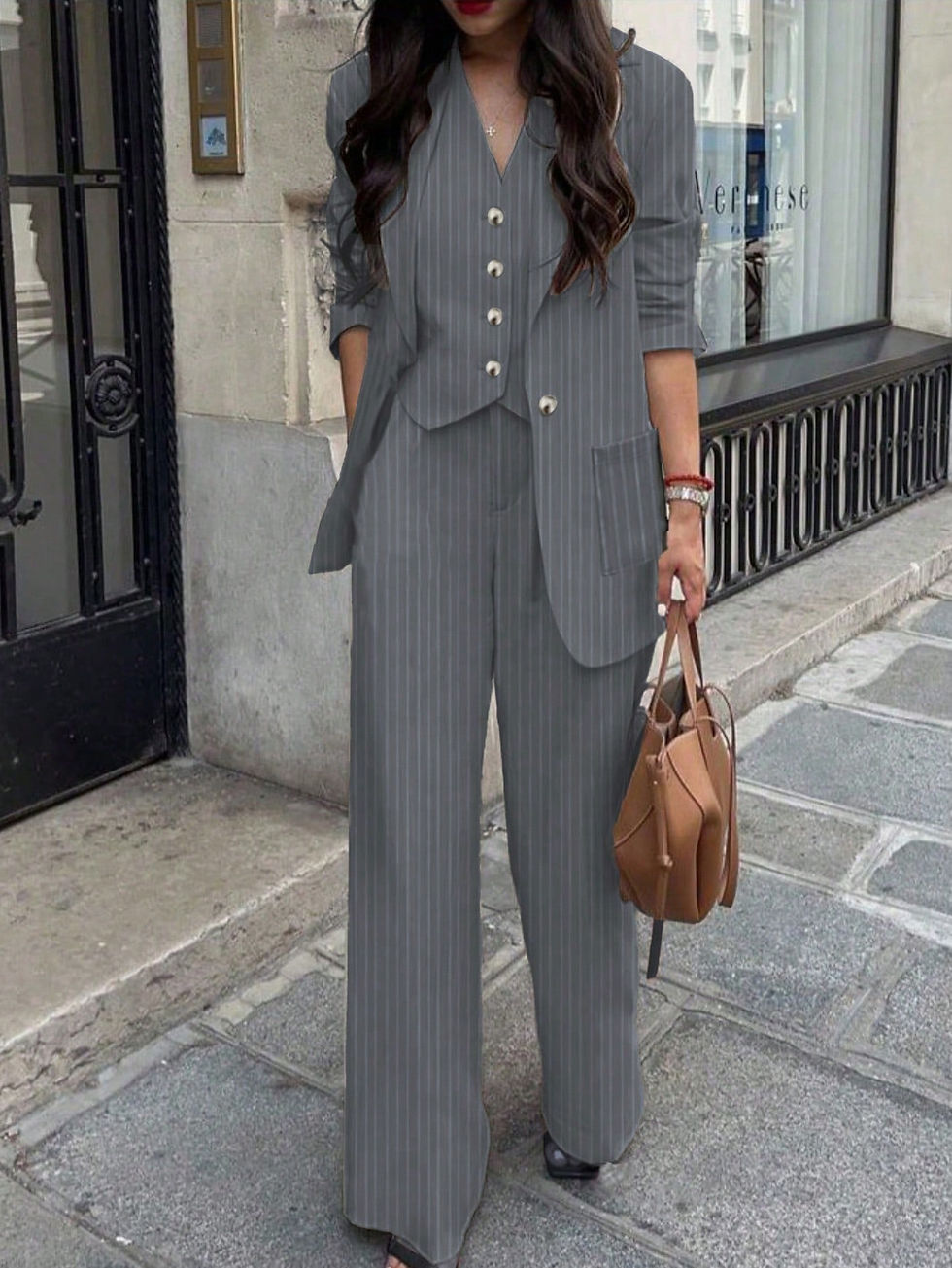 Miniature : Women's Casual Commuter Striped Jacket, Pants, Vest 3-Piece Suit Set, Spring/Sum