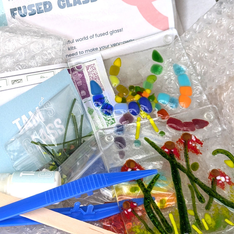Fused glass kit with colorful glass pieces, Tam's Glass, ready for crafting
