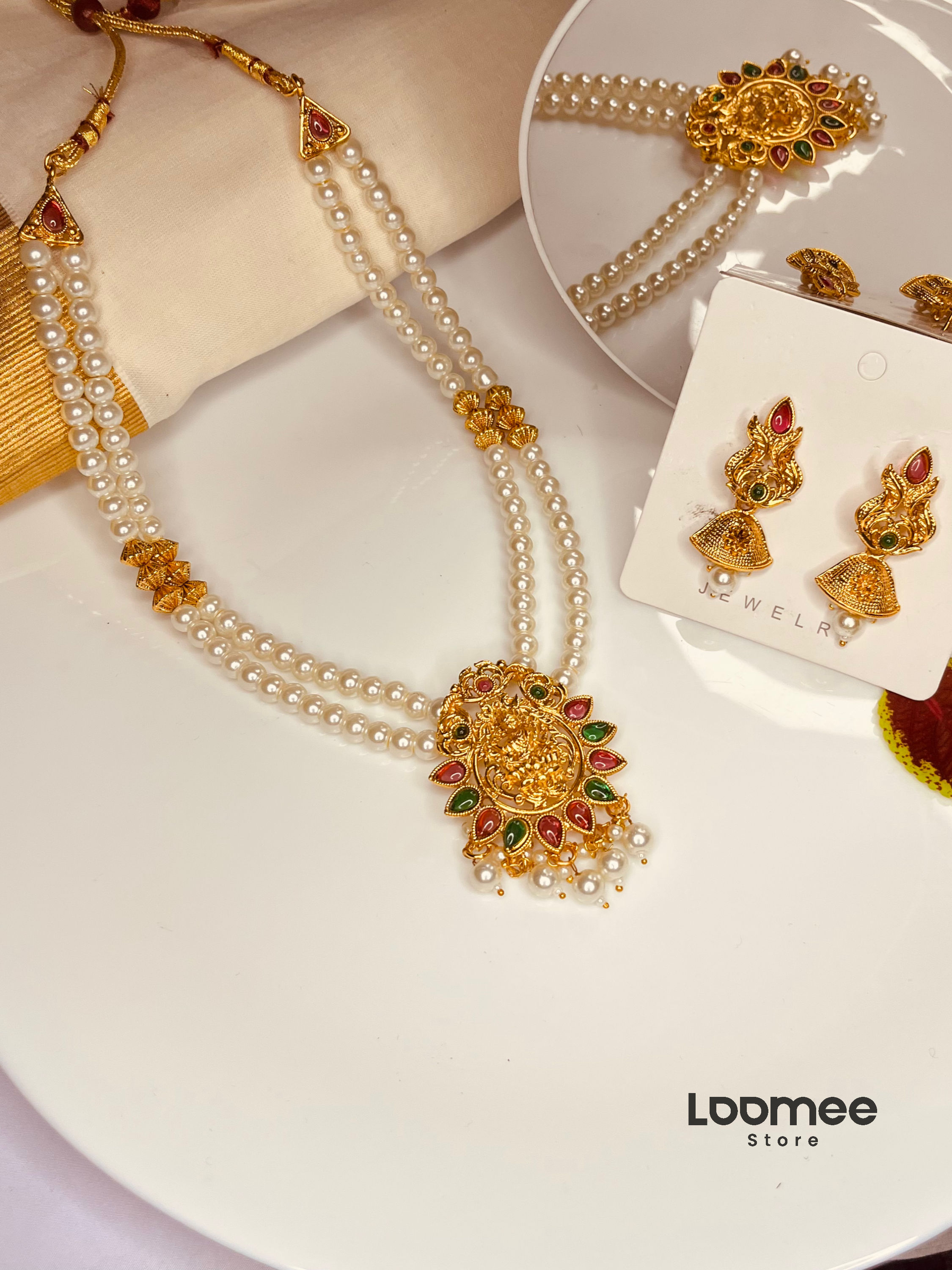 Matte Finish Laxmi Adigai with Pearls Necklace Set