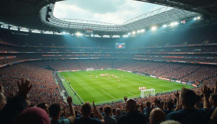 High angle view of the Super Bowl 60 field with players and fans celebrating