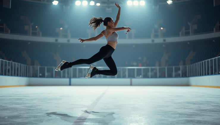 Close-up view of a figure skater performing a jump during the Team Event finals