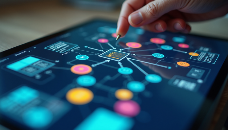 Close-up of digital mind mapping app on tablet showing colorful branches and icons