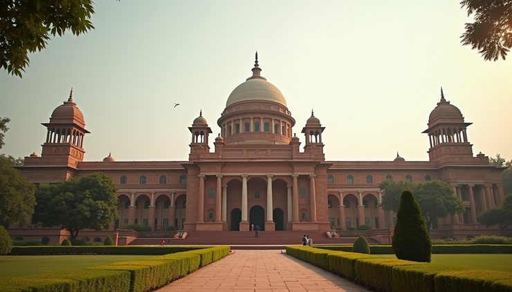 Eye-level view of the Parliament House in New Delhi during budget session