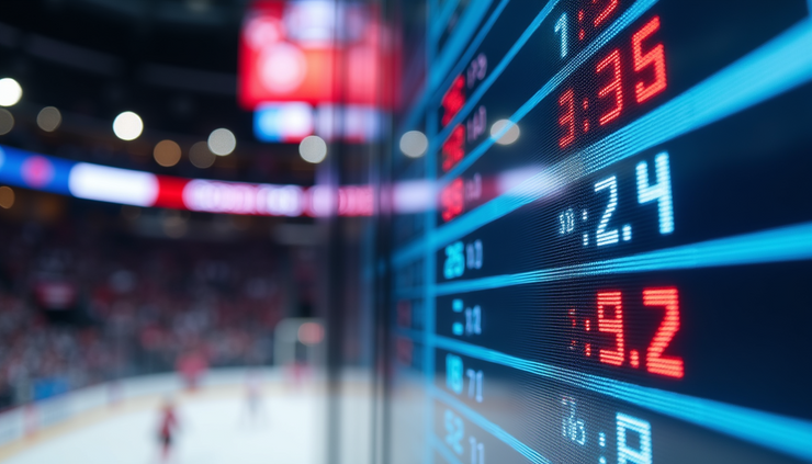 Close-up view of Olympic ice hockey scoreboard showing live hockey scores